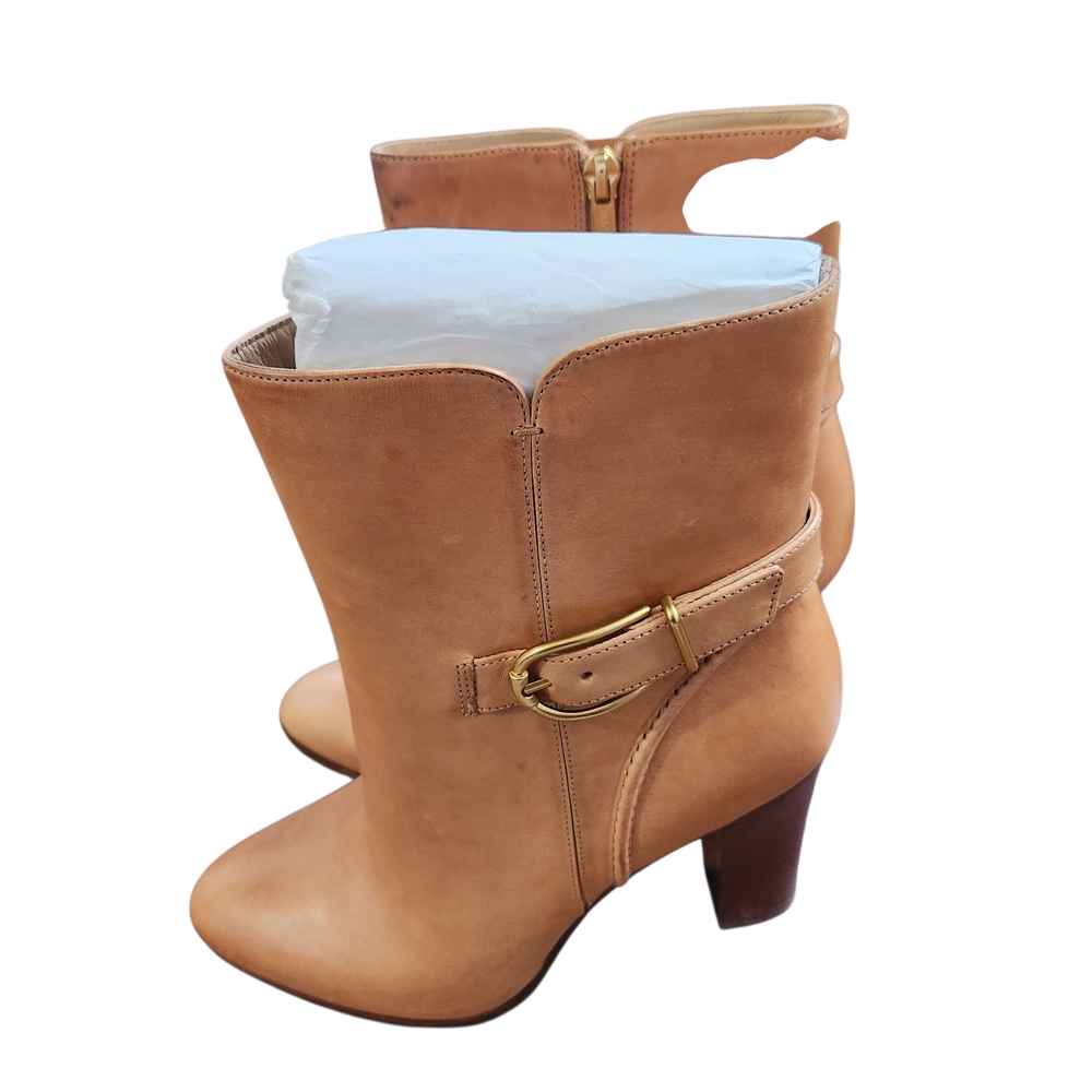 Veronica Beard Viv Leather Buckle Ankle Booties Size 10 Beige New With Flaw